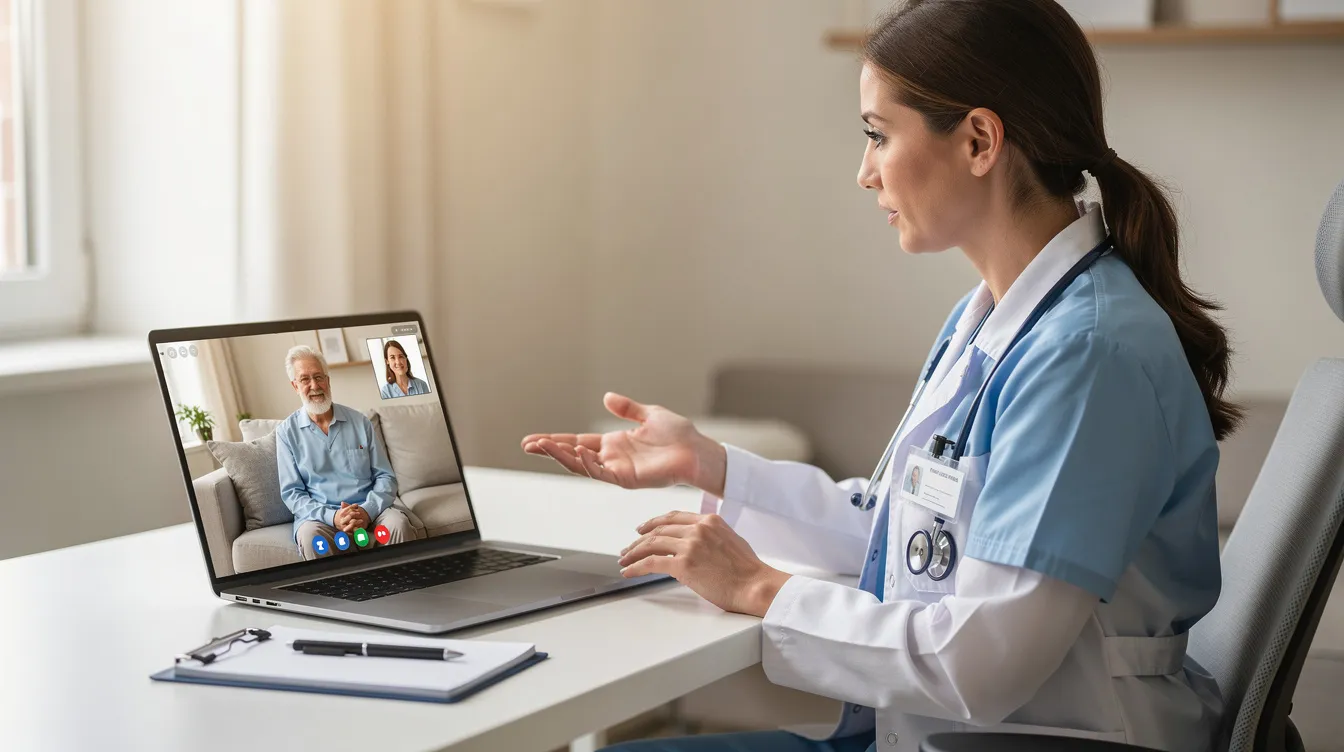 A healthcare professional is engaged in a video consultation with a patient, discussing their treatment plan for weight management and the potential benefits of retatrutide dosing. The laptop screen displays the doctor, who is likely explaining the importance of adjusting the retatrutide dose based on the patient's health markers and weight loss goals.