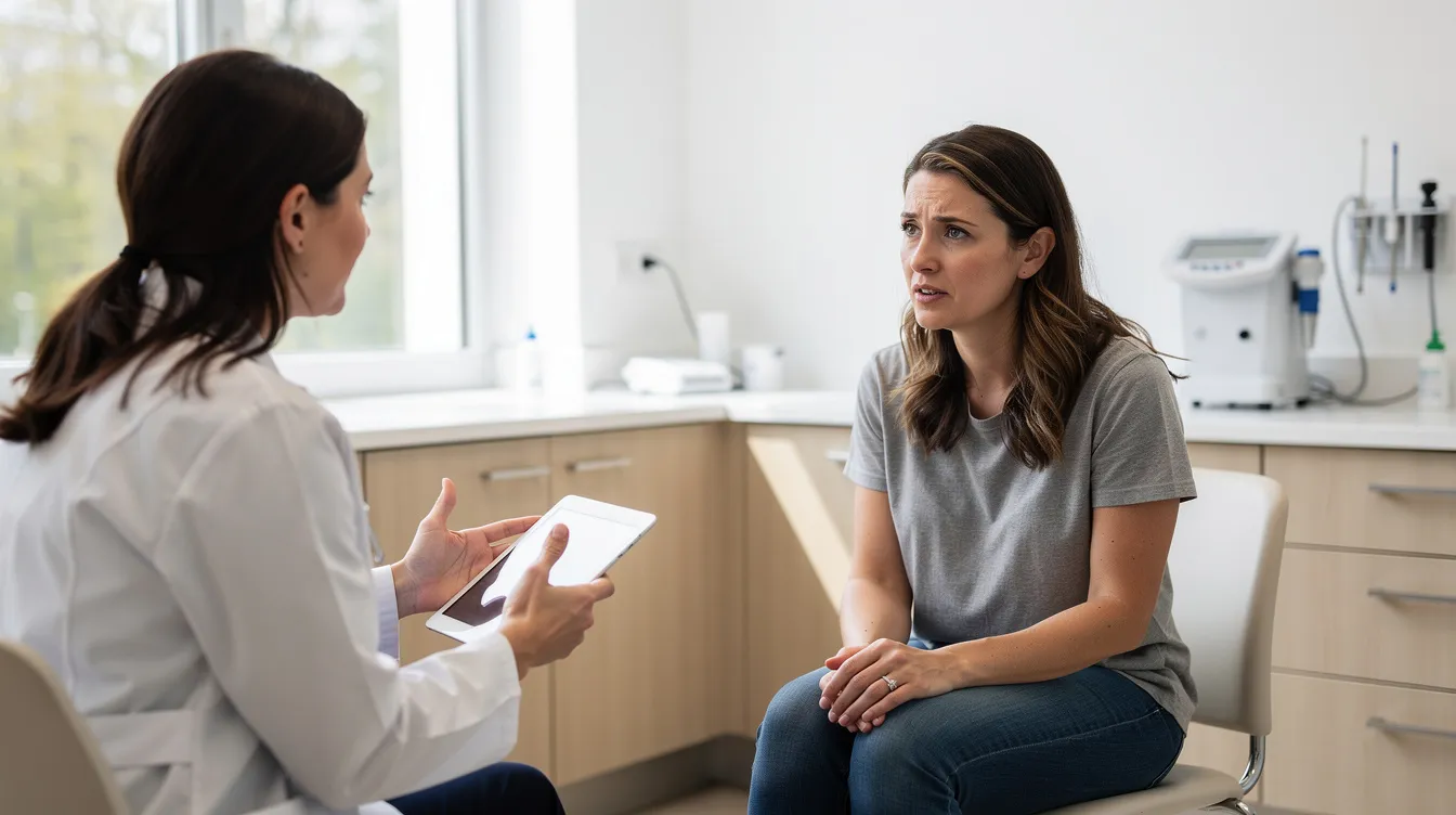 Une femme est assise dans un cabinet médical lumineux, en consultation avec un professionnel de santé. Ils discutent des symptômes liés à l'adénomyose, une affection qui implique la présence de tissu endométrial dans la paroi musculaire de l'utérus, ce qui peut entraîner des douleurs pelviennes et des règles abondantes.