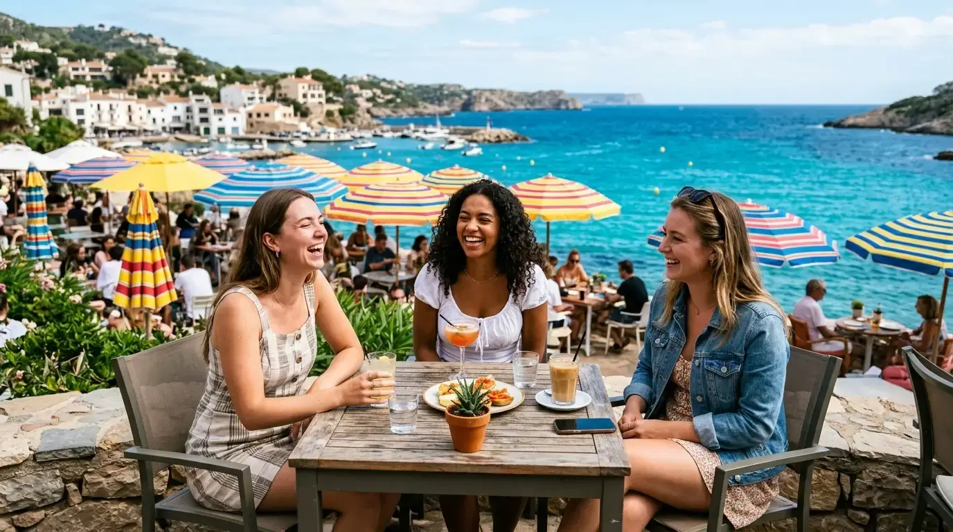 Three friends laughing at a seaside cafe table with beach umbrellas behind them