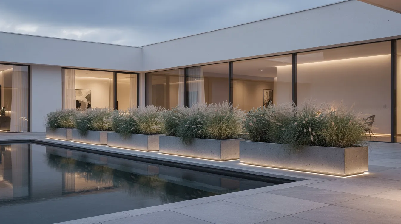 The image depicts a modern courtyard featuring a row of large outdoor planters filled with ornamental grasses, neatly arranged along the edge of a tranquil pool. This stylish outdoor space combines sleek design elements with natural greenery, creating a serene atmosphere.