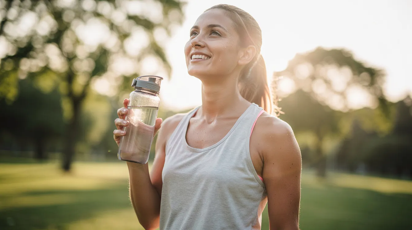 A person stands outdoors in the morning light, holding a water bottle and appearing refreshed and energized, suggesting the benefits of maintaining brain health and cognitive function. This scene embodies a vibrant start to the day, potentially enhanced by the mental clarity associated with lion's mane mushroom supplements.