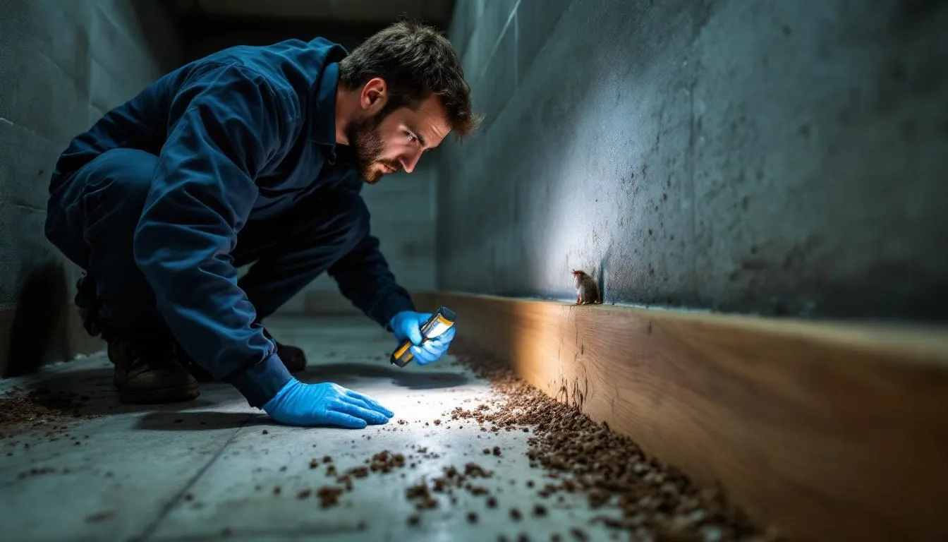 A professional wildlife removal technician inspecting a home for signs of infestation.