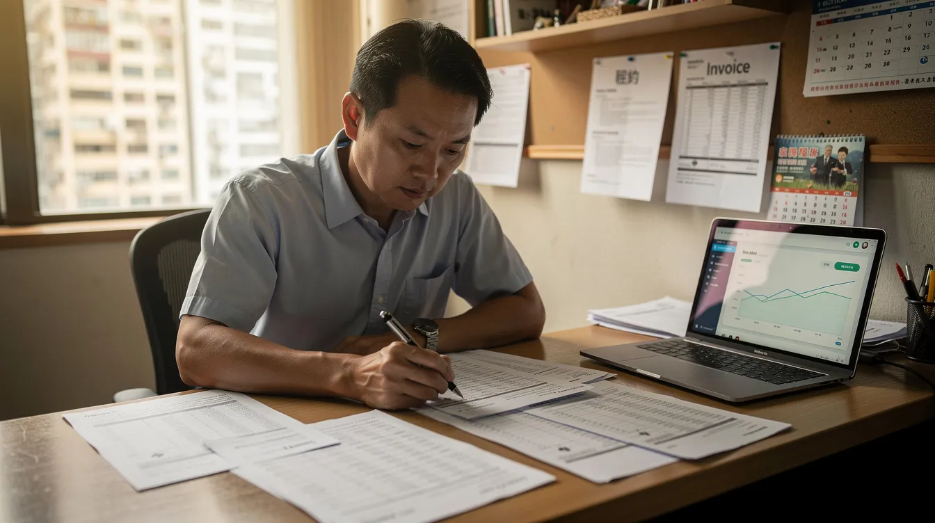 A Hong Kong small business owner is seated at a desk, carefully reviewing printed financial documents while a laptop is open beside them, reflecting their engagement with the latest information on government funding programs for small and medium enterprises (中小企業). The scene captures the dedication of the owner as they prepare for the upcoming revisions and updates related to their business strategies.