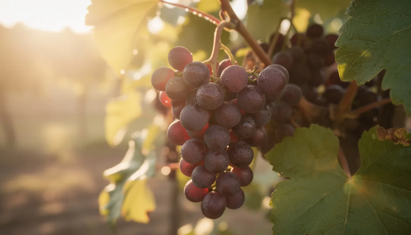 The image features a cluster of dark red grapes hanging on the vine, illuminated by warm sunlight, showcasing their rich color and natural beauty. Grapes are known for their health benefits, including support for mitochondrial function and cellular energy production.