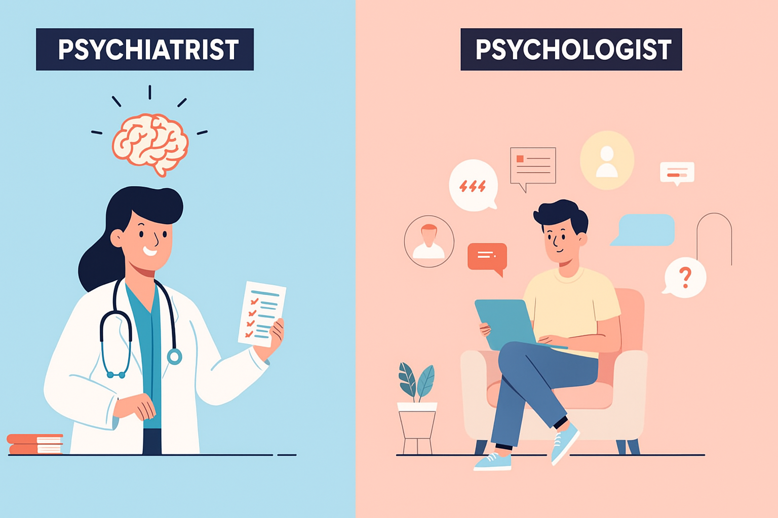 A visual representation of the roles of psychiatrists and psychologists in mental health care.