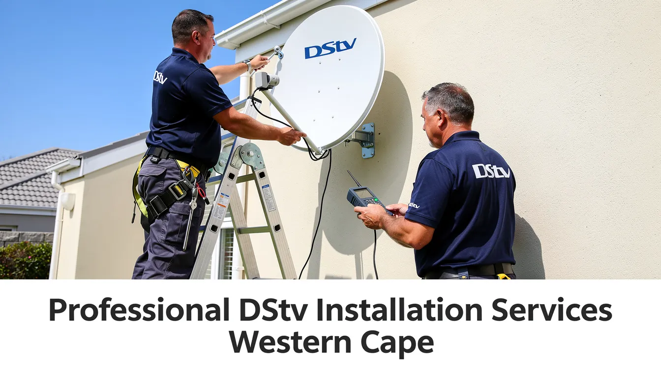 Two professional installers are carefully mounting and aligning a DStv dish on a wall, ensuring optimal positioning for the best viewing experience. This installation is part of the professional DStv installation services available in the Western Cape, aimed at enhancing access to popular shows and live sports for customers.