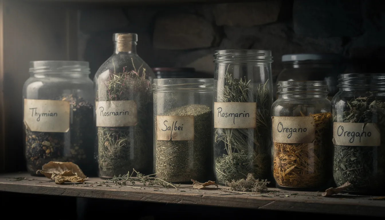 Das Bild zeigt mehrere Glasgefäße, die mit verschiedenen getrockneten Kräutern gefüllt sind, die in einer dunklen Umgebung gelagert werden. Diese Kräuter könnten potenziell THCA Produkte oder andere cannabinoidhaltige Pflanzenstoffe enthalten, die für ihre besonderen Eigenschaften und Wirkungen bekannt sind.