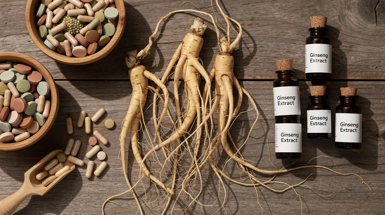 The image features an arrangement of dried ginseng roots alongside various herbal supplements, all placed on a rustic wooden surface. These natural supplements are often used to improve sexual desire and enhance sexual health, potentially benefiting those experiencing low libido or sexual dysfunction.
