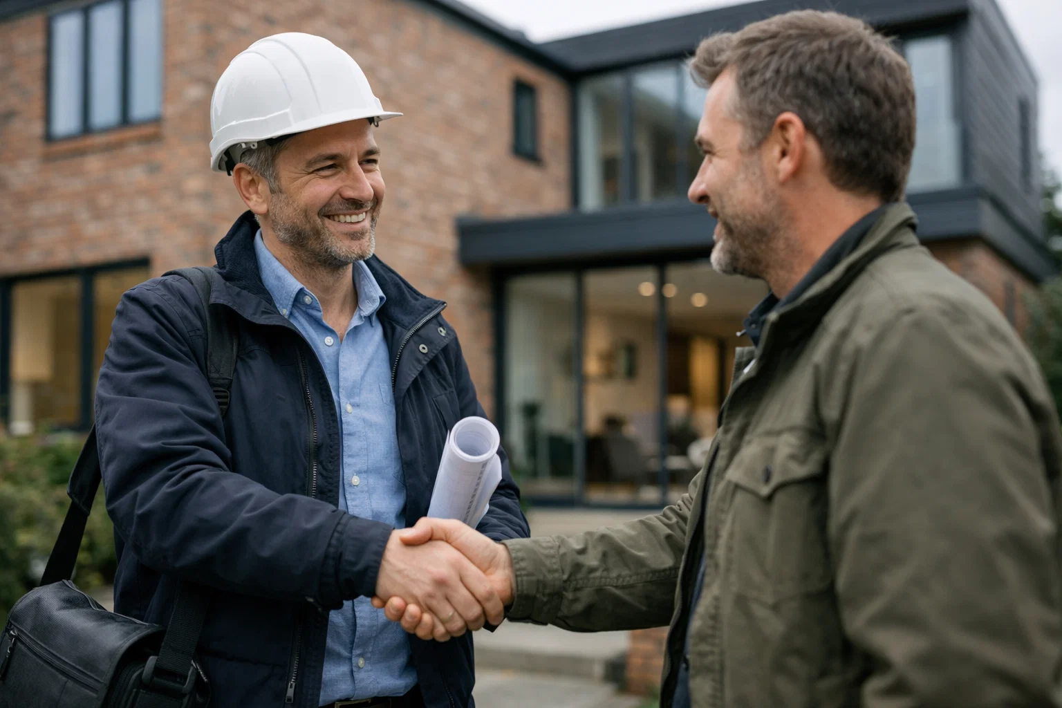 Architect meeting client outside residential property after consultation