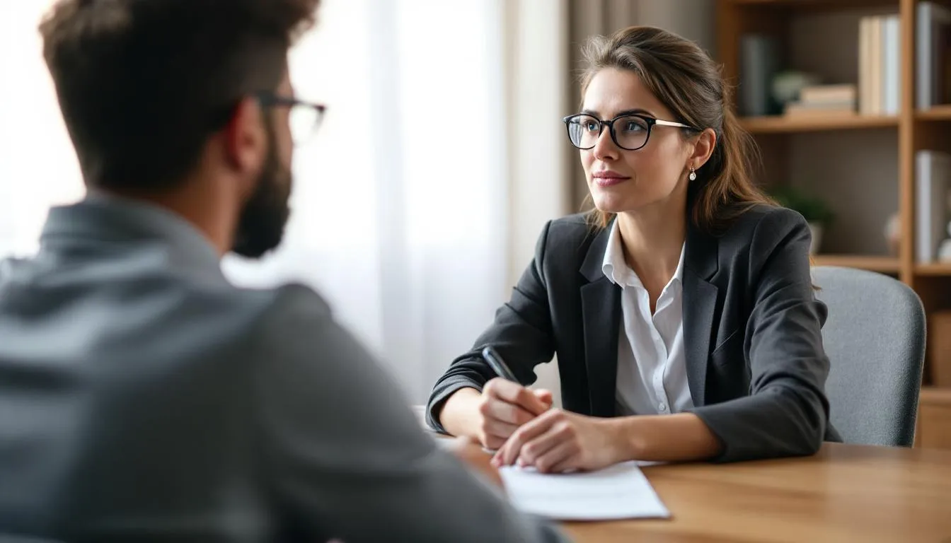 En la imagen, un psicólogo clínico está tomando notas durante una consulta con un paciente, en un ambiente acogedor que refleja la importancia de la salud mental y la terapia en la psicología clínica. La interacción sugiere un enfoque en el diagnóstico y tratamiento de trastornos mentales, destacando el papel del psicólogo en la mejora de la calidad de vida del individuo.