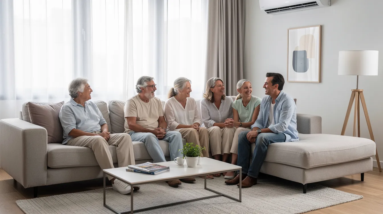 A family is gathered in a cozy living room, enjoying the comfort of an inverter air conditioner that provides efficient cooling and maintains a consistent temperature. The modern furniture adds to the inviting atmosphere, making it a perfect space for relaxation and family time.