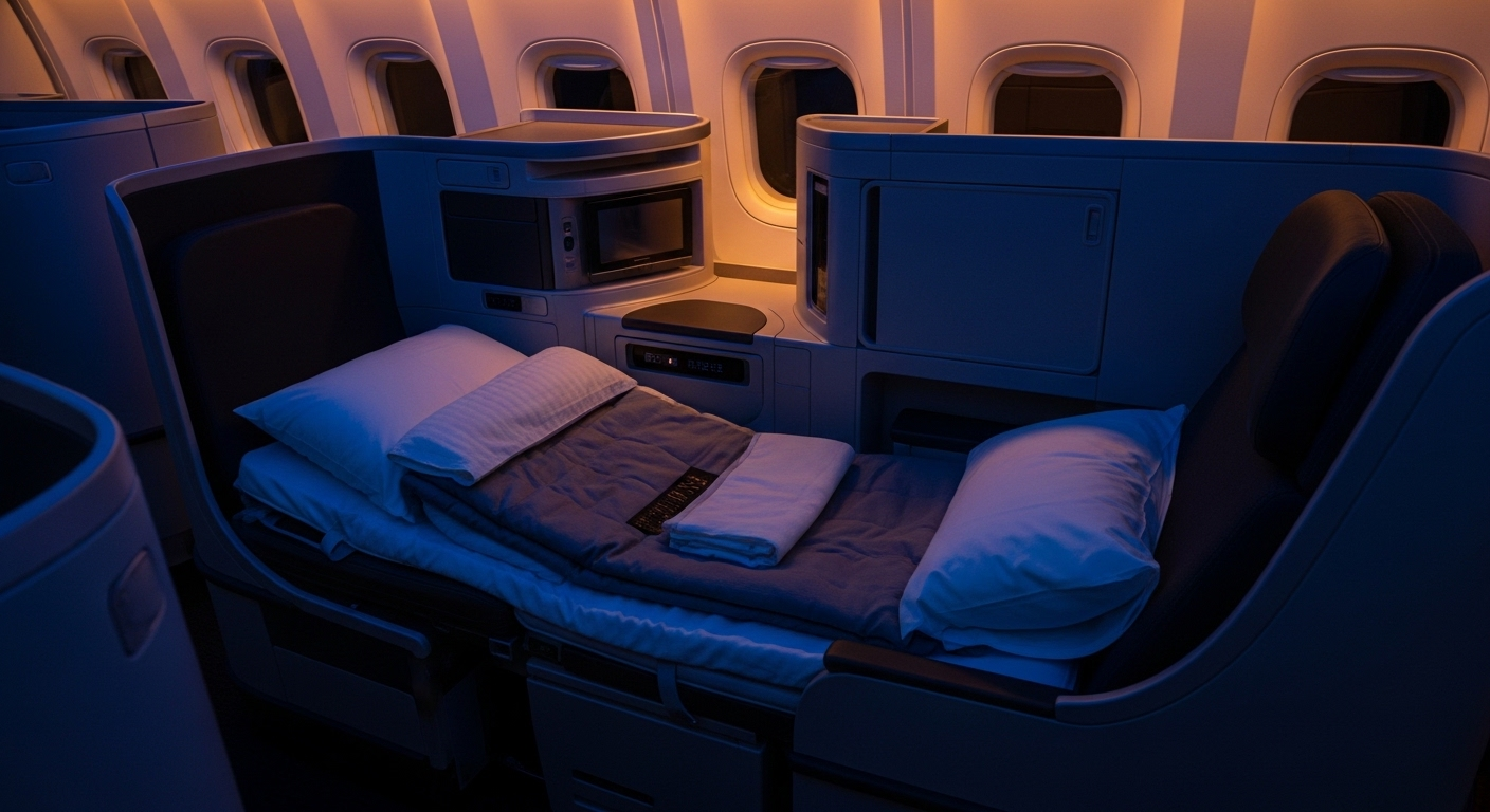 Business class lie-flat bed at night with dim cabin lighting, bedding arranged for comfortable sleep on an overnight flight.