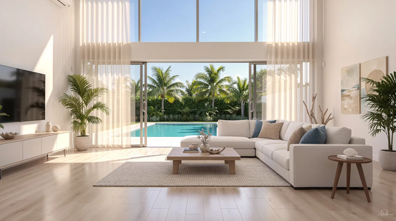 The image depicts a bright, modern living room in a coastal Florida home, featuring large sliding glass doors that provide a view of a pool and palm trees. Sunlight filters through lightly tinted windows, enhancing the room's energy efficiency and reducing glare while offering protection from harmful UV rays.
