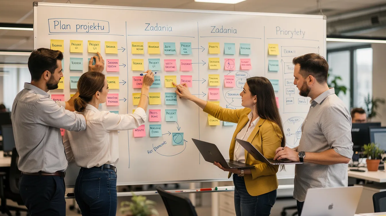 Zespół pracujący przy tablicy z karteczkami i planami projektu, skupiony na skutecznym wdrożeniu sztucznej inteligencji w procesach biznesowych. Uczestnicy omawiają kluczowe rozwiązania ai, które mogą przynieść realną wartość dla ich firmy.