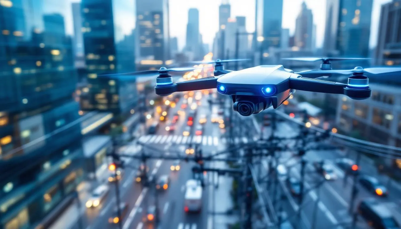 Un drone in azione durante un'ispezione di alta tensione.