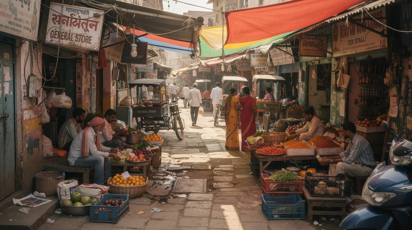 5f91346b 2e02 4060 b897 cdeb42799e6f The image depicts a bustling small Indian market street filled with various small shops and vendors selling colorful goods. This lively scene reflects the vibrant atmosphere where small and micro businesses thrive, highlighting the importance of business viability and financial support, such as mudra loans, for local entrepreneurs.