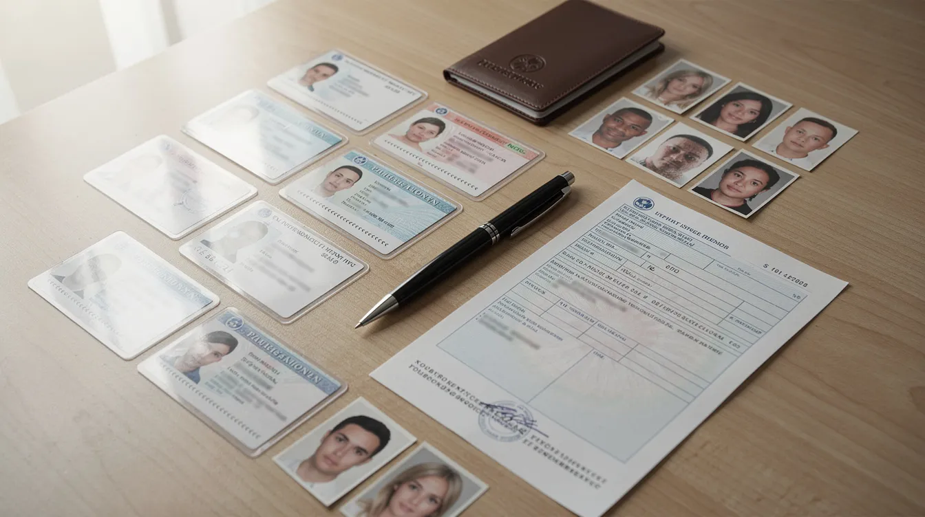 The image depicts a neatly arranged collection of identity documents, including a machine readable passport, a national identity card, and a computerized child registration certificate, alongside a pen on a desk. This setup suggests preparation for an online passport application or a visit to the passport office.