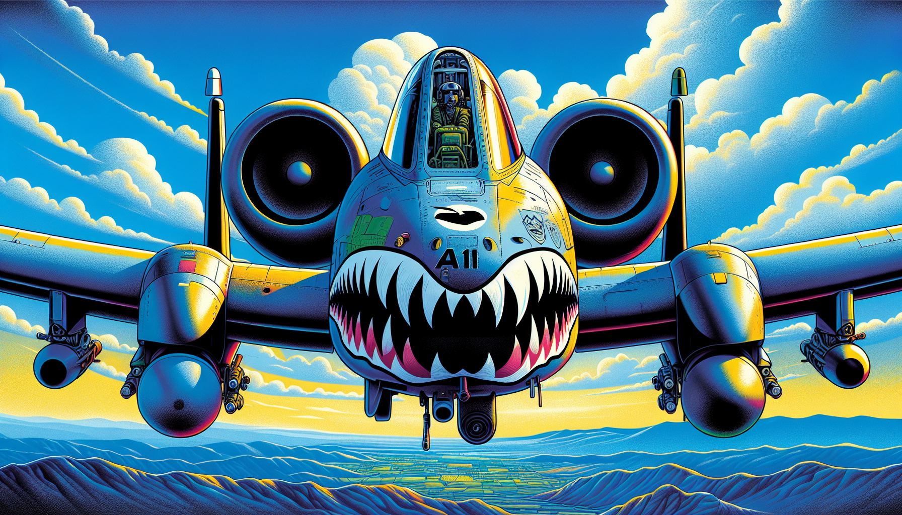 An illustration of the A-10 Thunderbolt II featuring unique colors, markings, and nose art.