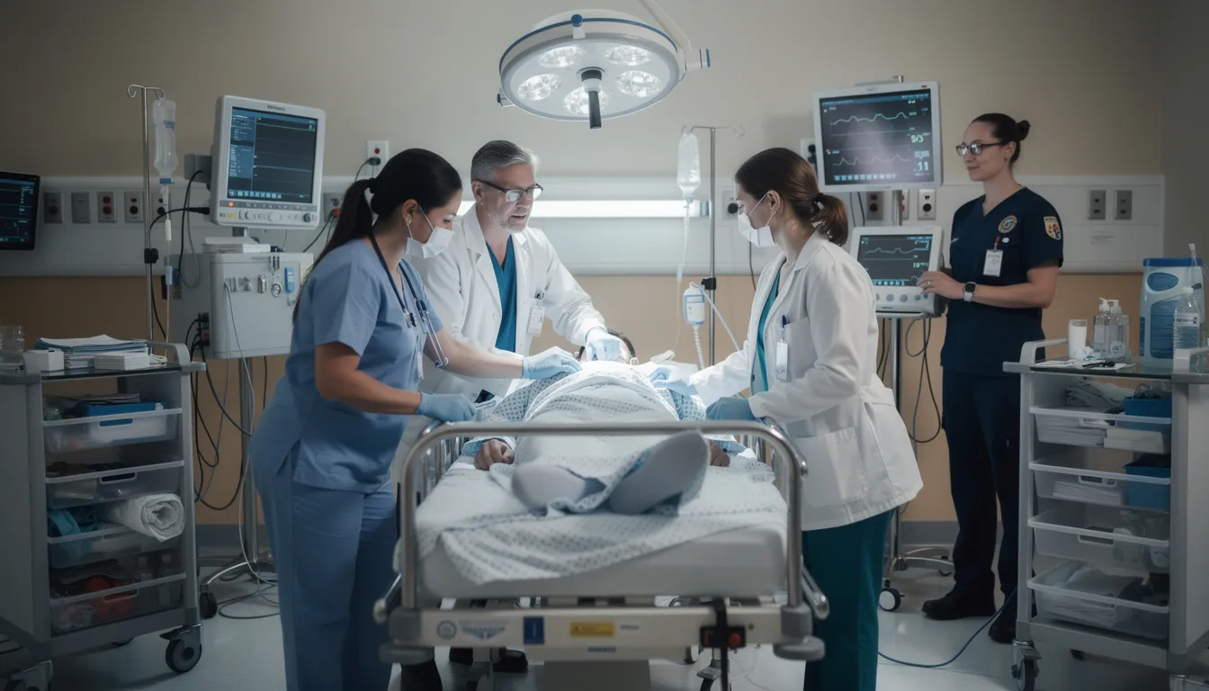 The image shows medical professionals diligently treating a patient in a hospital emergency room, highlighting the urgent care often required for motorcycle accident injuries. The scene emphasizes the importance of medical care in personal injury cases, particularly for motorcycle accident victims who may face serious injuries and high medical expenses.