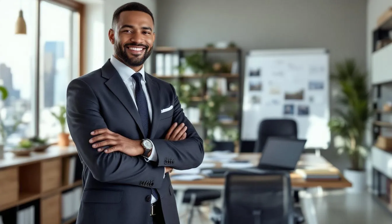 An empowered staffing agency business owner stands confidently in their office, reflecting on the success achieved through invoice financing to manage operational costs and accelerate growth. This image highlights the potential for small business owners to access capital and navigate funding options, such as small business loans and community development financial institutions, to fuel their business growth.
