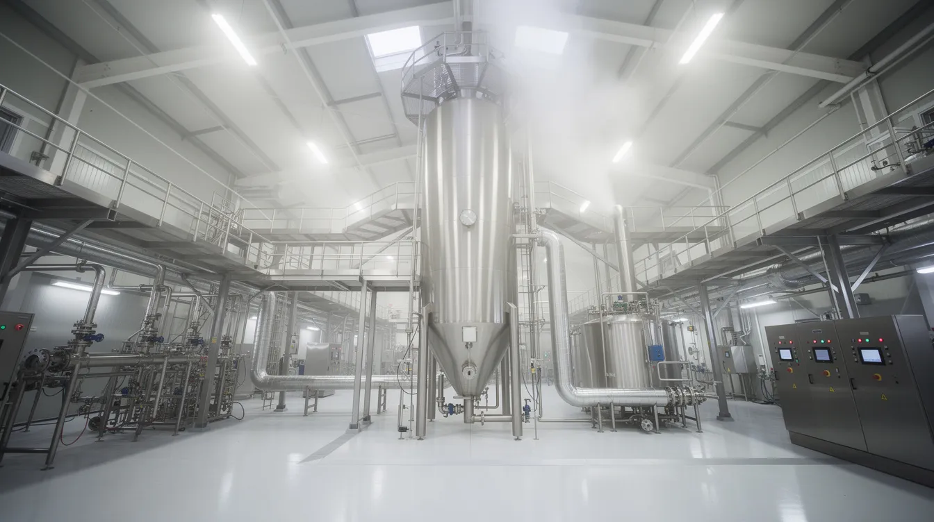 The image depicts a tall industrial spray dryer tower located within a modern dairy processing factory, showcasing advanced machinery essential for whey protein production. This facility is equipped to handle the manufacturing process of whey protein concentrate and whey protein isolate, contributing to the global whey protein market.