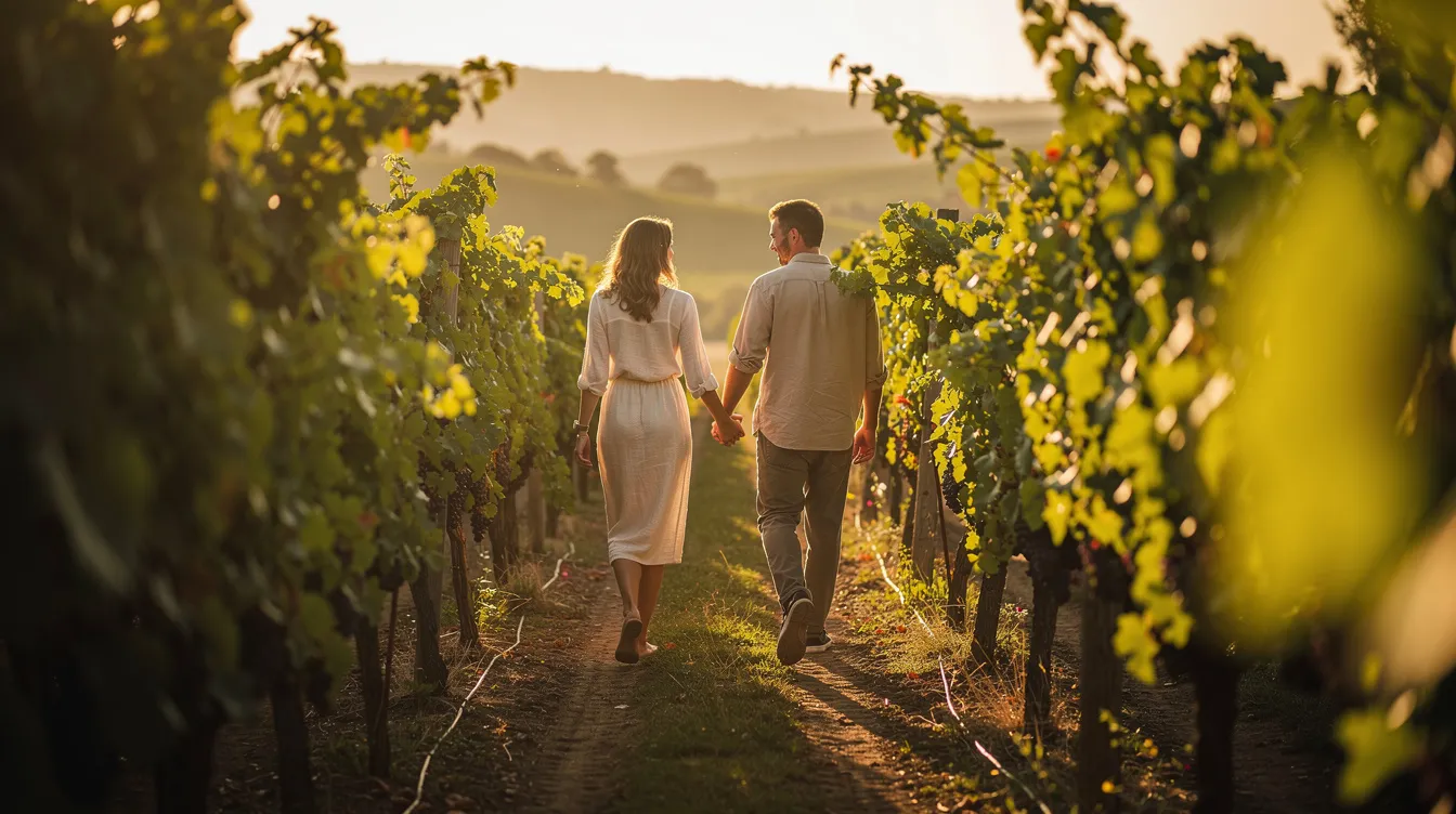 A couple walks hand in hand through the lush green rows of a vineyard during golden hour, with warm sunlight filtering through the leaves, creating an absolutely incredible backdrop for their wedding day. This picturesque scene captures the essence of an intimate celebration in a beautiful vineyard, perfect for couples planning their ceremony and reception.