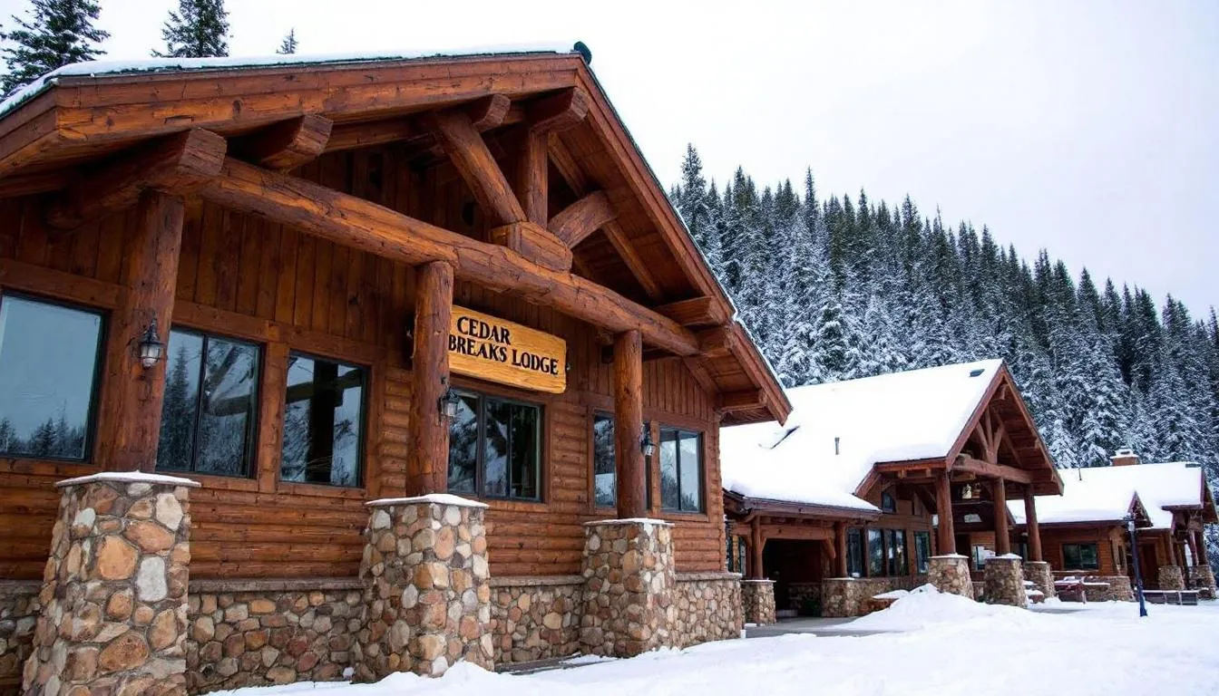 The exterior of Cedar Breaks Lodge showcases stunning mountain architecture, surrounded by snow-covered grounds and a backdrop of the forest, embodying the winter charm of Brian Head Ski Resort in Southern Utah. The scene captures the essence of a cozy alpine retreat, perfect for winter activities like skiing and snowboarding.