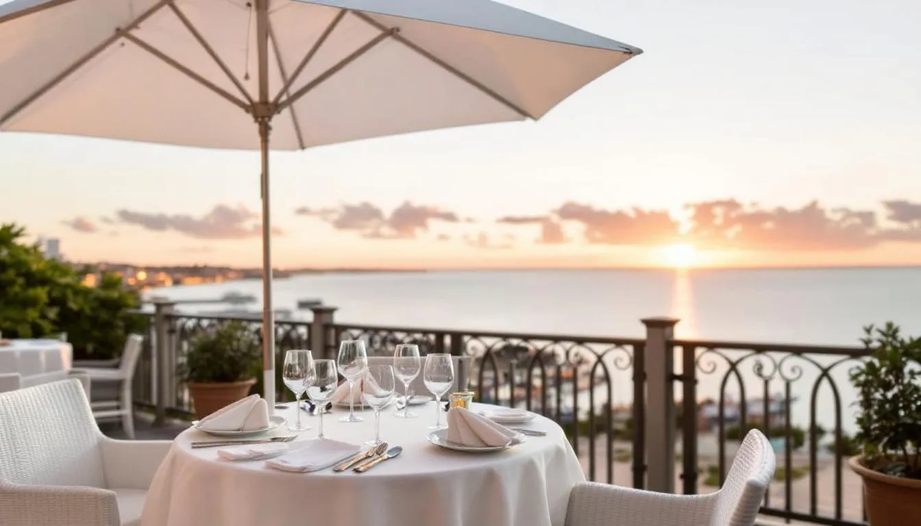 An elegant outdoor dining area is set up with stylish furniture, offering a breathtaking view of Naples Bay during sunset. This picturesque scene captures the essence of luxury waterfront living in the prestigious Royal Harbor community, creating a perfect atmosphere for dinner parties and enjoying the coastal lifestyle.