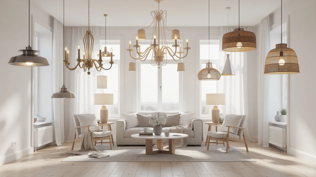 I ett ljust rum med högt i tak hänger olika taklampor i moderna, klassiska och naturliga stilar, vilket skapar en välkomnande atmosfär. Lamporna, som varierar i form och design, ger en bra belysning och passar perfekt in i rummets storlek och inredning.