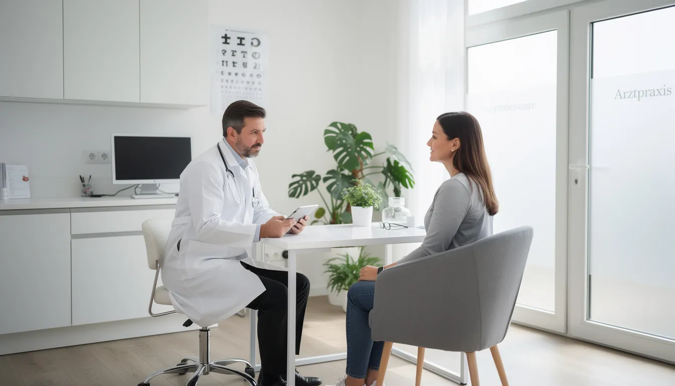 Ein Arzt und ein Patient führen ein Gespräch in einer modernen Praxis, wobei sie über die Möglichkeiten der Cannabistherapie und die Verschreibung von medizinischem Cannabis sprechen. Der Arzt gibt dem Patienten Informationen über die verschiedenen Cannabisblüten und deren Wirkung sowie die notwendigen Schritte für ein Rezept.