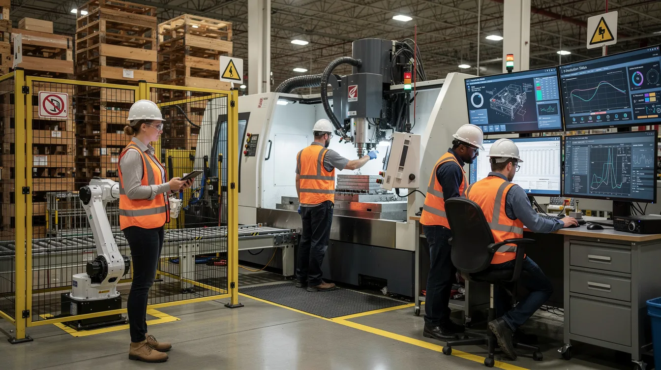 The image depicts workers on a manufacturing floor engaged with industrial machinery and computer terminals, highlighting the importance of cybersecurity awareness training in environments where sensitive data and cyber threats are prevalent. This scene emphasizes the need for effective training programs to prepare employees against potential cyber attacks and security incidents.