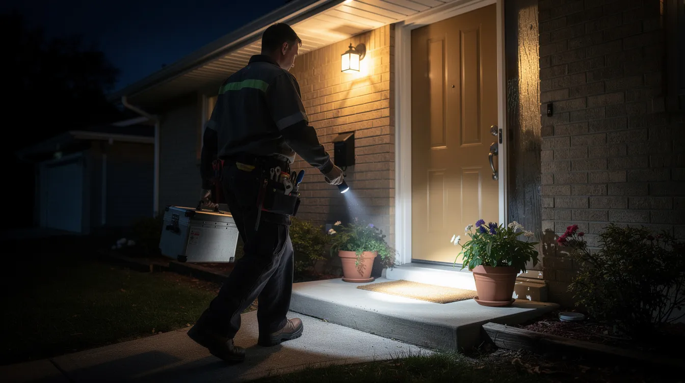 A licensed plumber in work gear is seen approaching the front door of a residential home at night, carrying tools and a flashlight, ready to respond to a plumbing emergency. This professional emergency plumbing service is prepared to tackle urgent plumbing issues such as clogged drains or burst pipes, ensuring immediate help is available 24 hours a day.