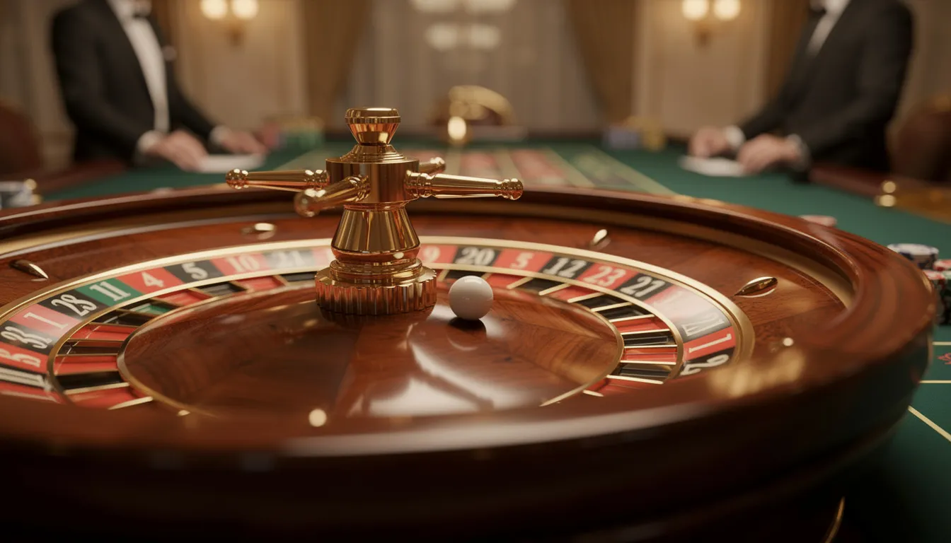 Ett elegant roulettehjul snurrar i fokus, omgiven av en suddig bakgrund som fångar atmosfären av ett livligt casino. Ljuset reflekteras i hjulet och skapar en färgglad och spännande känsla av spelet.