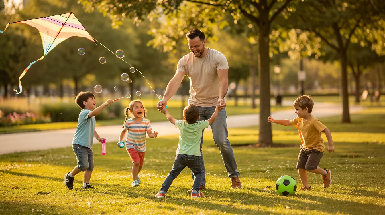 A joyful single dad is playing with four energetic kids in a vibrant park, showcasing a moment of fun and connection. This scene captures the essence of family and leisure, reflecting a lifestyle that could resonate with those exploring the dating scene for serious relationships or casual dating after 30.
