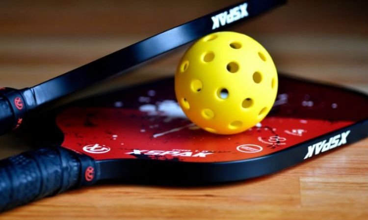 two pickleball paddles and ball