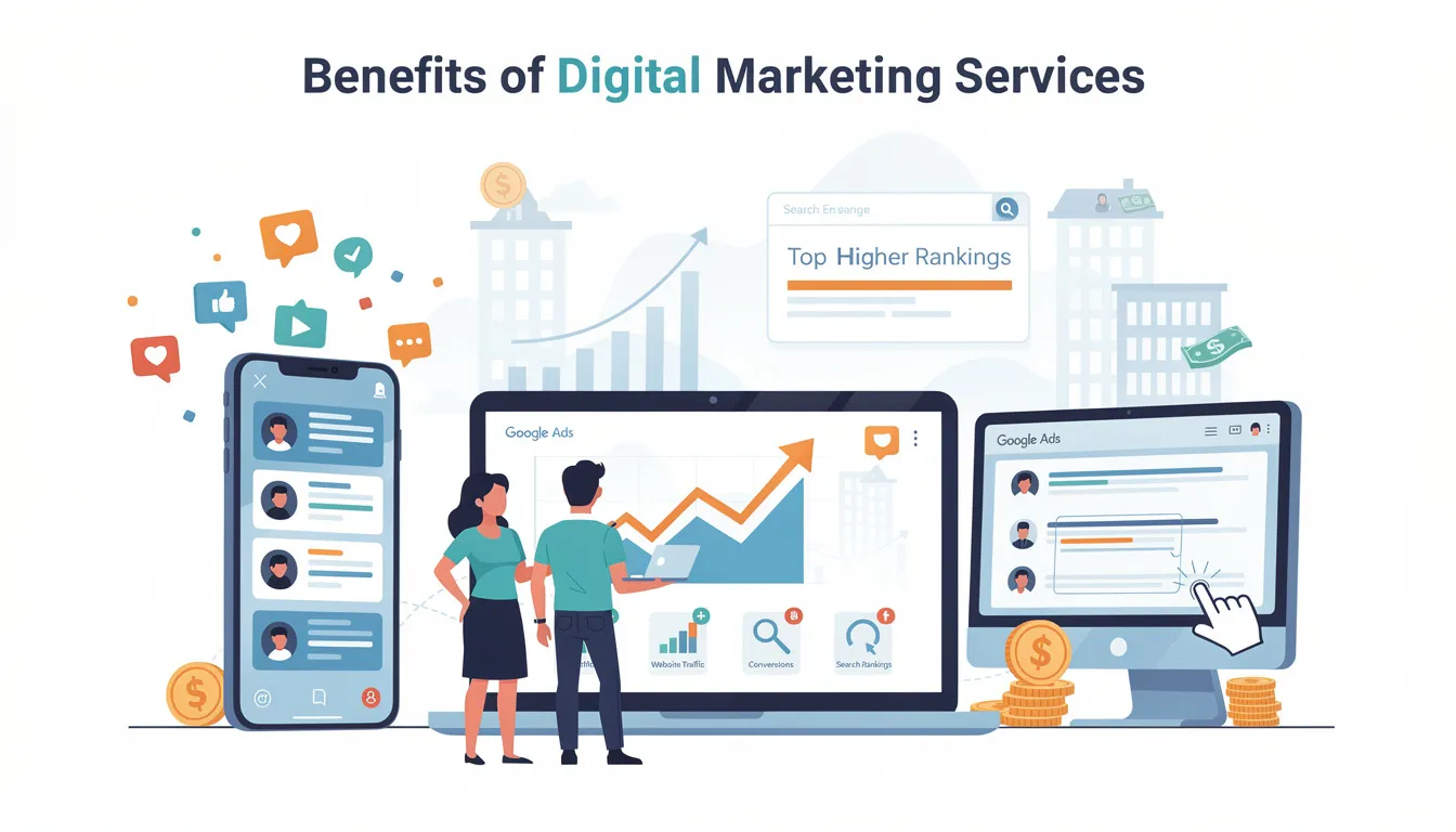 The image illustrates the benefits of digital marketing services for small businesses, highlighting how these strategies can increase brand awareness, engage the target audience, and drive traffic to websites. It emphasizes the cost-effective nature of digital marketing compared to traditional advertising, showcasing its potential to generate new customers and enhance online visibility for long-term business growth.