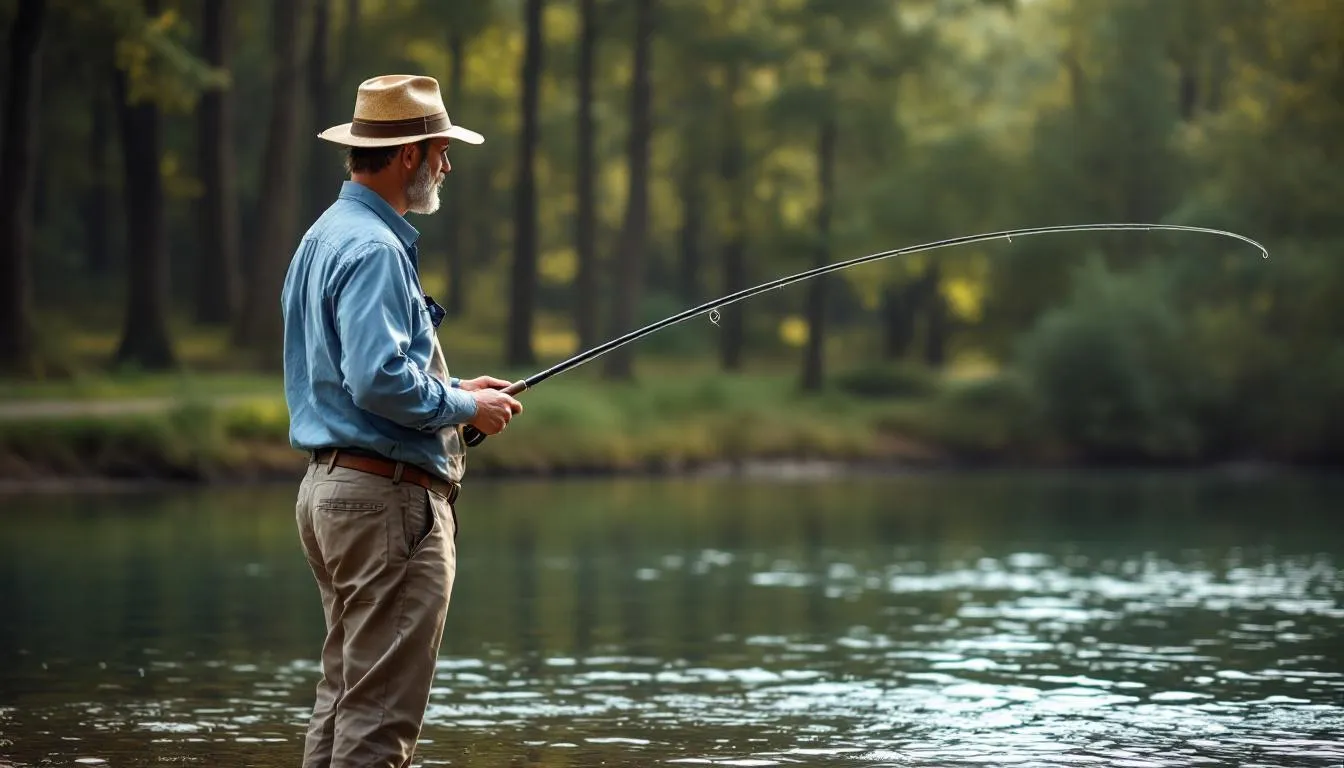 Na obrazie widoczny jest wędkarz stojący przy przerębie na zamarzniętej wodzie, trzymający krótką wędkę podlodową. Wędkarz koncentruje się na łowieniu ryb, co jest charakterystyczne dla wędkarstwa podlodowego, wykorzystując odpowiednią technikę oraz przynęty.