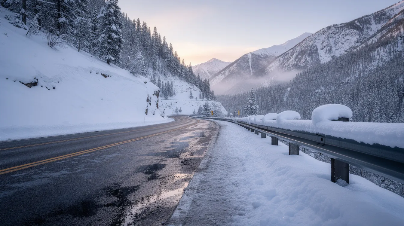 The image depicts a mountain highway in Colorado, where patches of black ice are visible on the road surface, posing a potential road hazard for drivers. Snow-covered guardrails line the sides, highlighting the dangerous conditions that could lead to car accidents and serious injuries.