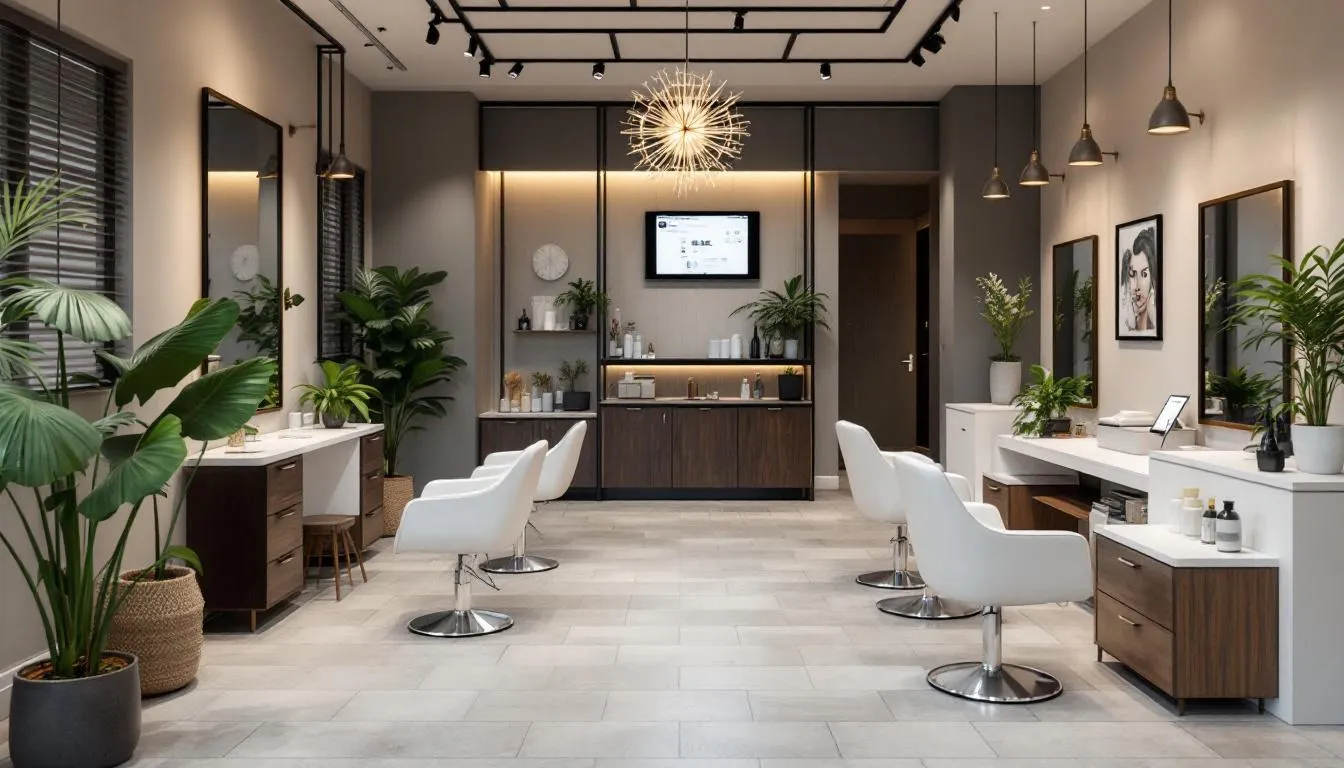 Imagen de un moderno salón de belleza que cuenta con un sistema POS digital y una tablet para la facturación electrónica, donde se observa a un estilista atendiendo a un cliente mientras gestiona las reservas y ventas a través del software especializado en salones de belleza.