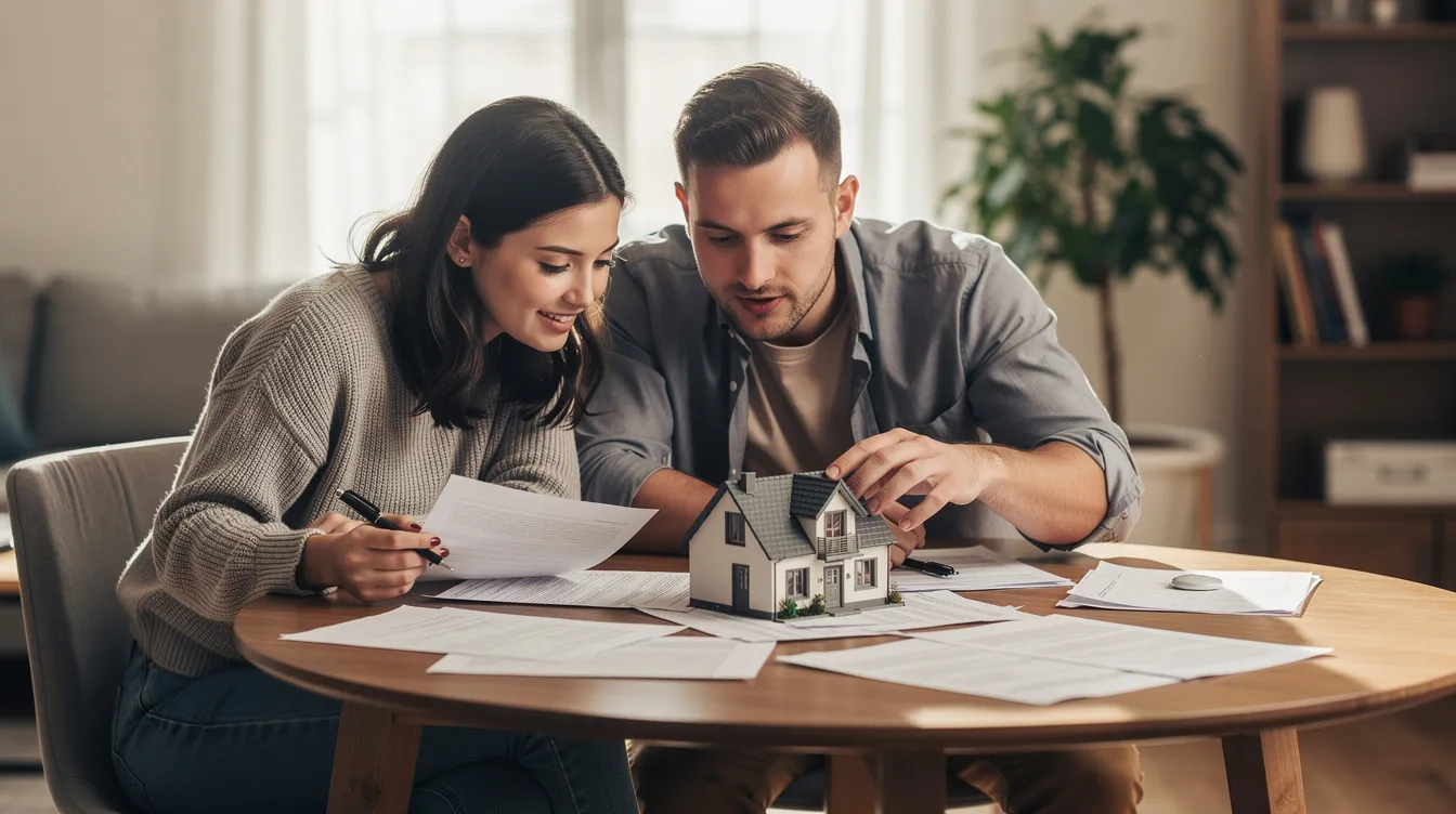 A couple is sitting together at a table, examining paperwork related to their financial situation, with a small model house in front of them, symbolizing their aspirations for homeownership. The scene reflects themes of debt restructuring and financial planning, as they navigate their options for loans and repayment strategies.