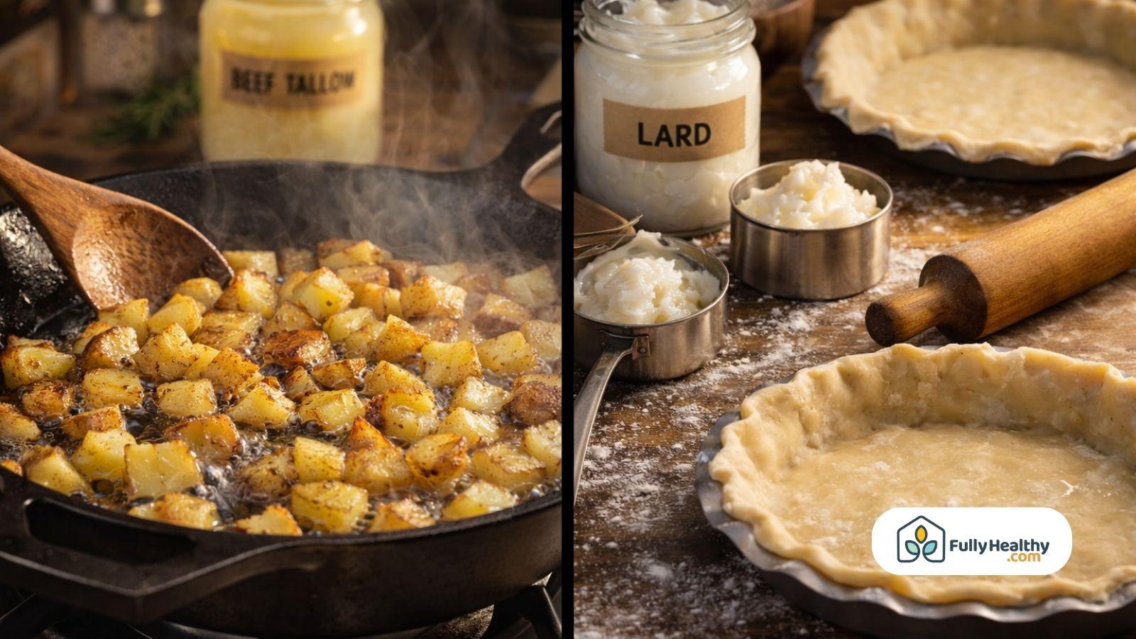 Beef tallow frying potatoes beside lard baking pie crust kitchen scene