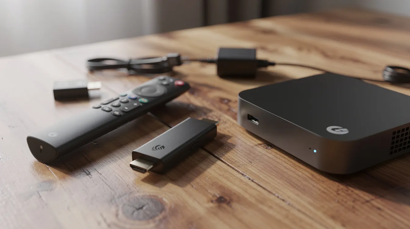 The image features a variety of streaming devices on a wooden table, including a remote control, a small streaming stick, and a set-top box, all of which are essential for accessing IPTV services and streaming content. These devices enable users to watch live TV, on-demand shows, and enjoy a smooth streaming experience with their favorite channels.