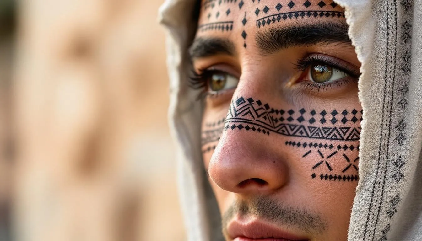 A close-up view of geometric diamond and line patterns typical of Amazigh facial tattoos, showcasing the intricate designs that reflect the cultural heritage and ethnic identity of Amazigh women in North Africa. These traditional tattoos, often associated with social status and tribal affiliations, serve as a rich artistic expression within Berber culture.