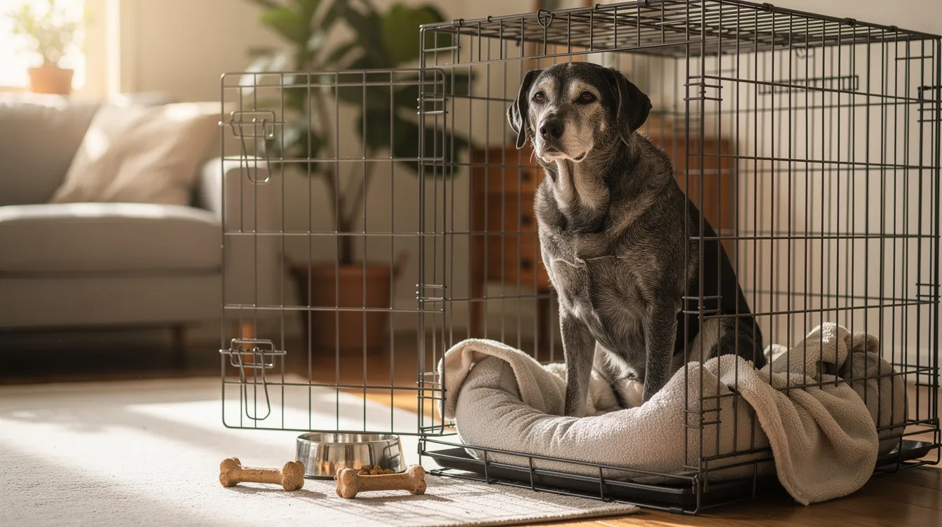 The image depicts an older dog comfortably resting inside a wire crate, with the crate door open, creating a safe space for the dog. The setting suggests a positive training session, with a few treats nearby, emphasizing the concept of crate training for adult dogs.