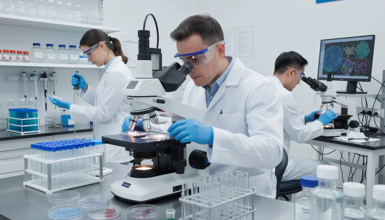 In a laboratory setting, researchers are intently examining cellular samples under microscopes, focusing on aspects of cellular health and the aging process. This scene highlights the importance of scientific inquiry into longevity benefits and the role of anti-aging supplements like nicotinamide mononucleotide (NMN) in promoting healthy aging and cellular function.
