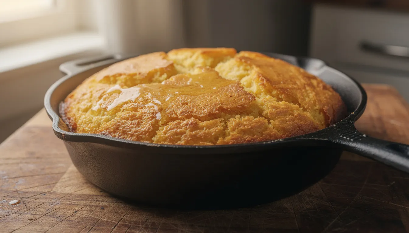 A golden cornbread, made from a boxed cornbread mix, is cooling in a well-greased cast iron skillet placed on a wooden cutting board, showcasing its moist texture and savory flavor. The warm aroma of freshly baked cornbread fills the air, inviting you to enjoy a slice.