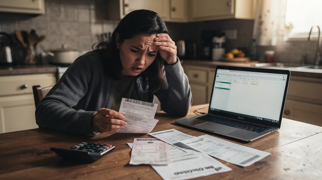A concerned individual sits at a table, surrounded by household bills, a calculator, and a laptop, reflecting on their financial situation and considering options like individual voluntary arrangements (IVA) to manage their debt. The atmosphere conveys a sense of urgency as they navigate potential solutions to resolve their debt issues.