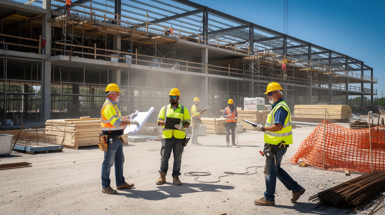 A group of construction workers in hard hats and high-visibility vests stands together on a commercial jobsite, highlighting the role of PPE and proactive safety practices in construction risk management.