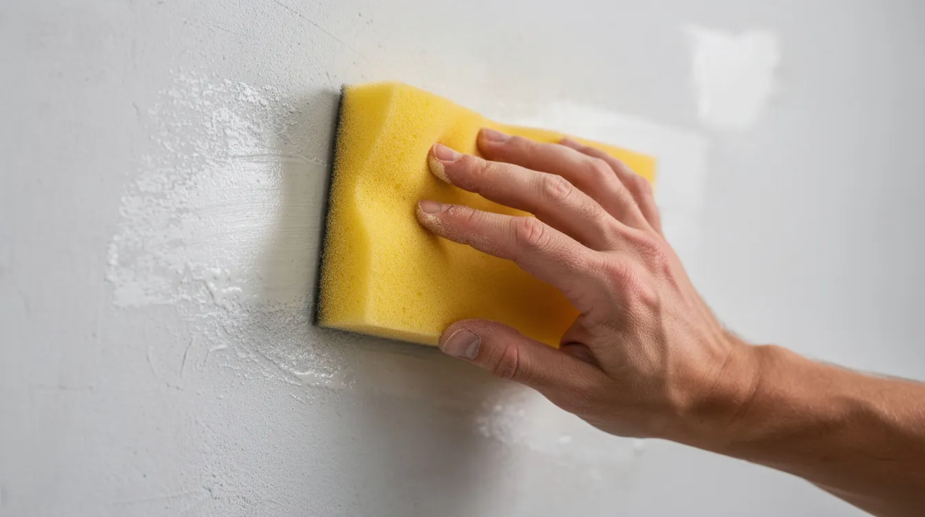 A close-up view of hands using a damp sponge to clean a plastered wall surface, preparing it for a fresh coat of limewash paint. The focus is on the texture and technique, showcasing the care taken to achieve a smooth and polished finish before applying the first coat of wall paint.