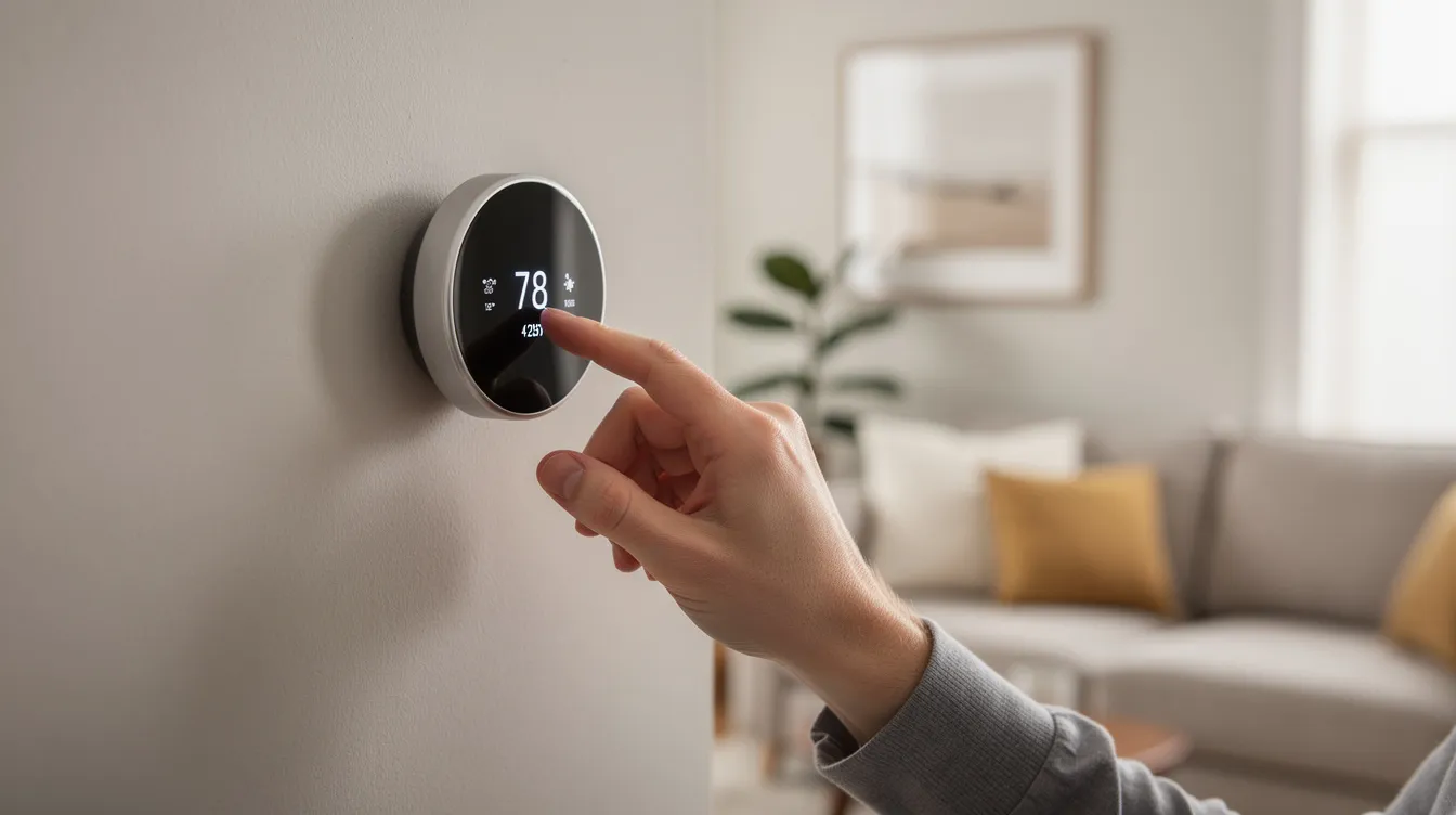 A homeowner is adjusting a modern smart thermostat mounted on a living room wall, controlling the central air conditioning system to achieve their desired temperature for optimal comfort. The sleek design of the thermostat complements the home's decor while efficiently managing the cooling system.